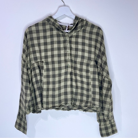 Free People Plaid Checker Hooded Cropped Long Sleeves Green Oversized Top Rare - Picture 2 of 7